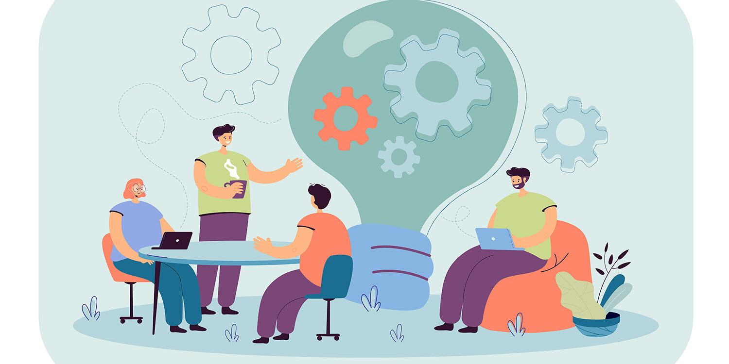 Creative office workers discussing ideas in team